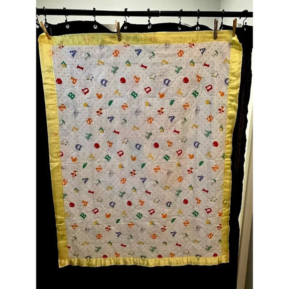 Vintage Baby Blanket/yellow/Satin Trim/Teddy Bear/ABC’s/Blocks/Boy/Girl 35”x44” - Picture 2 of 16